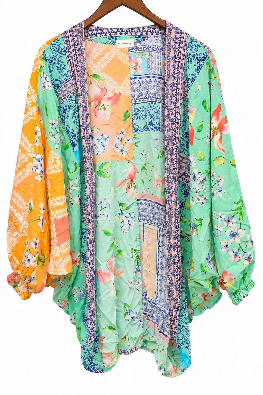 Anthropologie O/S Patchwork Floral Kimono Cardigan Boho Open Front Flowy Modal